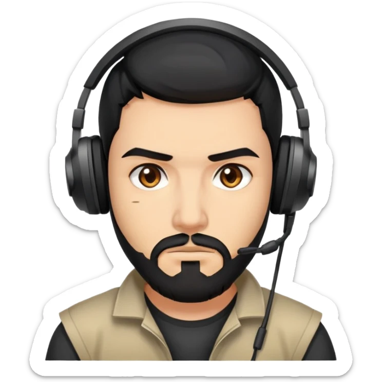 Serious gamer face with black hair, brown eyes, black beard, wearing gaming headset sticker