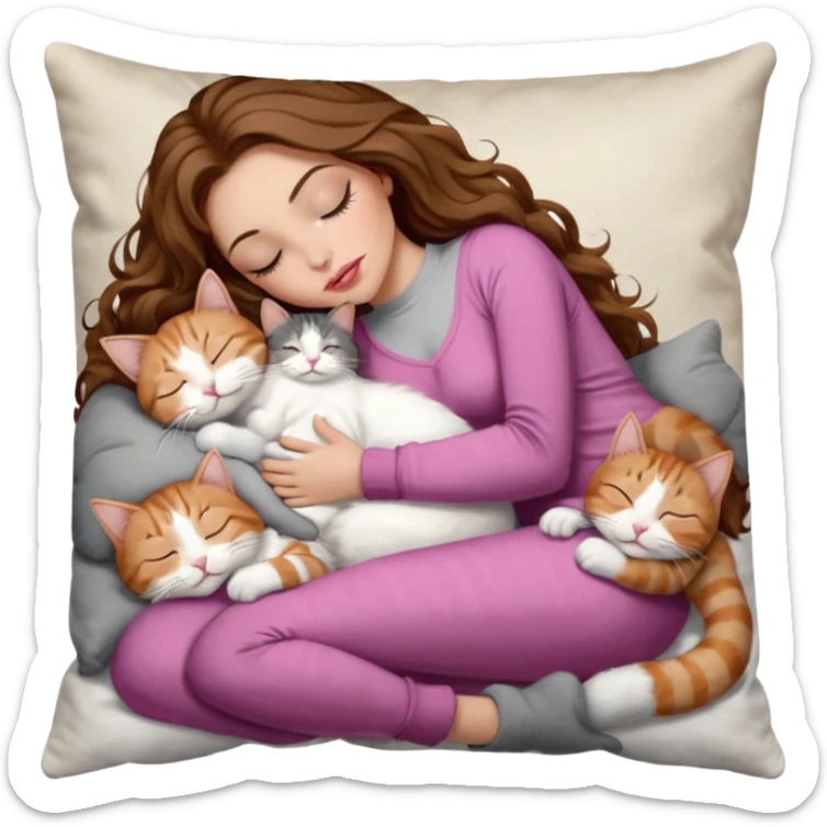 girl with long wavy brown hair, brown eyes, long lashes makeup, sexy pink lips, light to medium complexion,  sleeping on a cozy pillow, with 6 cats: 1 brown and white tabby cat, 1 ginger and white, 2 grey and white, 1 grey with white mittens and small white patch on chest and 1 calico, sleeping sticker