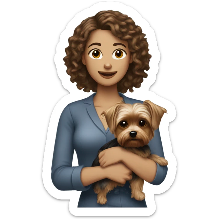 white women with curly medium length brunette hair, holding a cute yorkie dog sticker