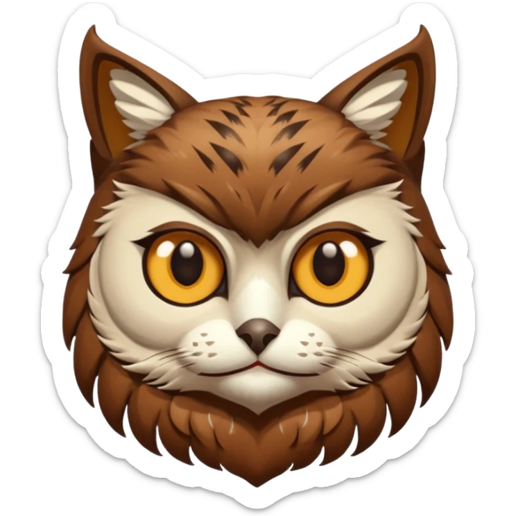 An cats head with a brown on top of the head of the cat the cats head infused with an white owls fulls body with brown wings sticker