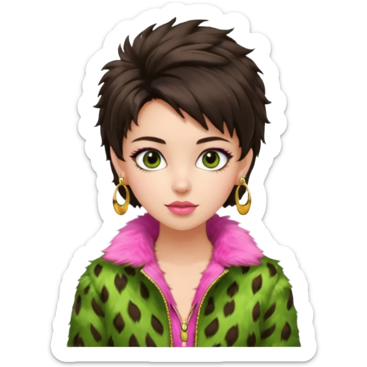 generate a pretty fair bratz girl with dark brown eyes. Dark brown hair tied up in a funky hairstyle. Wearing a green fur jacket, with pink top underneath. Golden earrings sticker