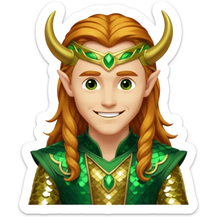 Loki, God of Mischief from Gods and Goddesses with long reddish blonde hair, green and gold sequin outfit sticker