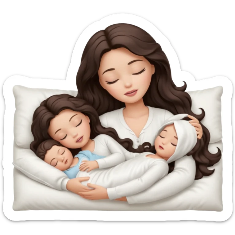 White Barbie girl dark brown long wavy hair in white clothes sleeping with white baby at cream bed, eyes are closed sticker