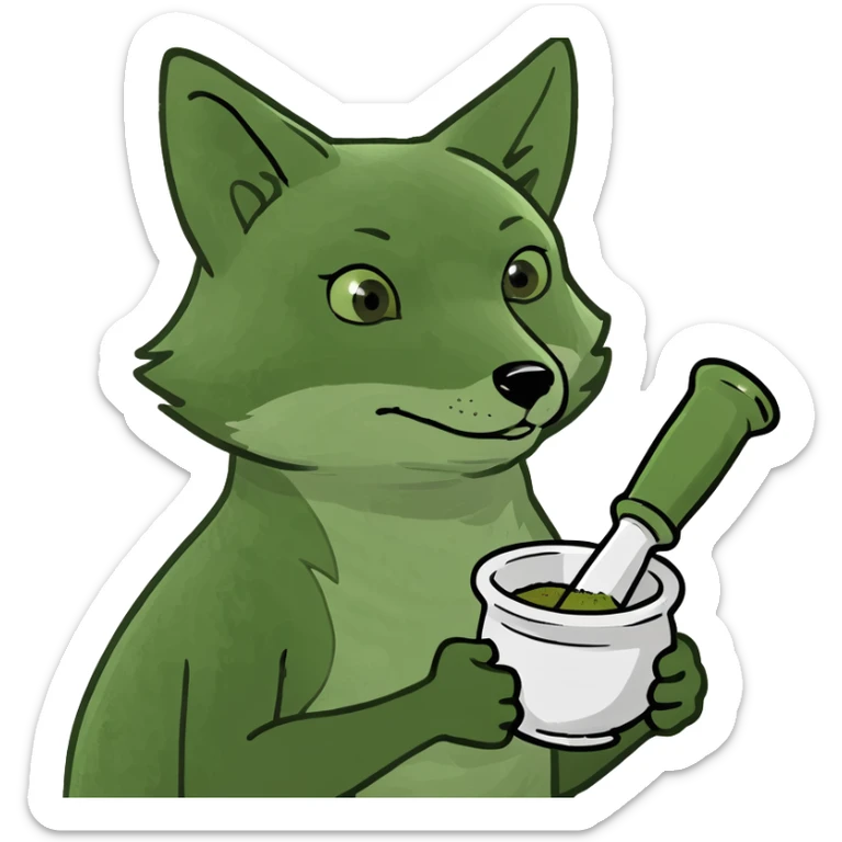 Add a mortar and pestle or medical cross to the baby fox, referencing pharmacology, in the bufo frog meme style, with no background. sticker