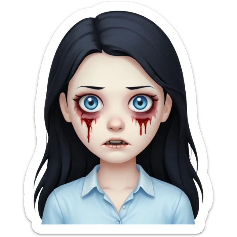zombie girl with long black hair and white shirt light blue eyes  sticker