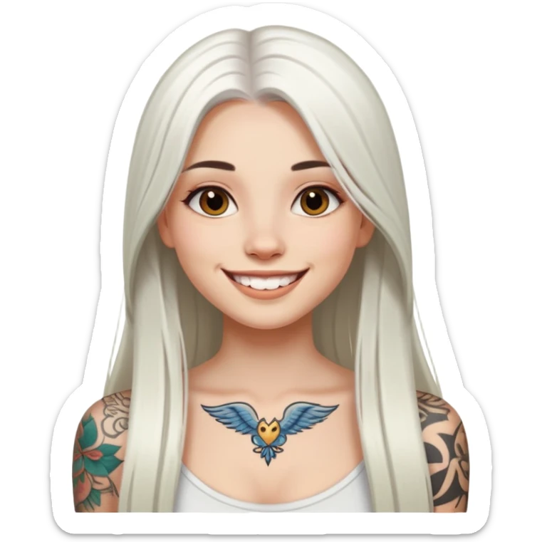 girl with long white  straight hair and tattoos with smile sticker