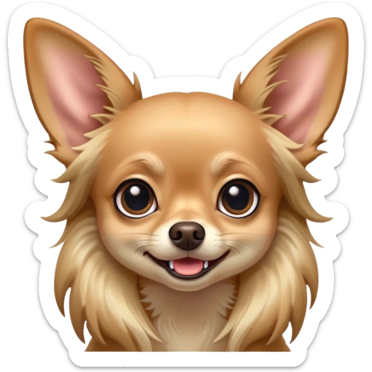 Cinematic Comical Long Haired Fawn Chihuahua Portrait Emoji, Head tilted dramatically with an exaggeratedly shocked or offended expression, long, silky fawn hair flowing with a vibrant sheen, wide, expressive dark eyes filled with exaggerated disbelief, Simplified yet hilariously expressive features, highly detailed, glowing with a slightly sassy glow, high shine, dramatic yet playful, stylized with an air of attitude, bright and endearing, soft glowing outline, capturing the essence of a sassy and over-the-top companion, so meme-worthy it feels like it could side-eye its way into internet fame instantly! sticker