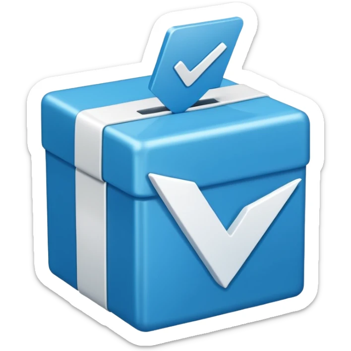 Blue box with a white check mark in the middle of the blue box that is a little bit tilted to the right and its 1d sticker