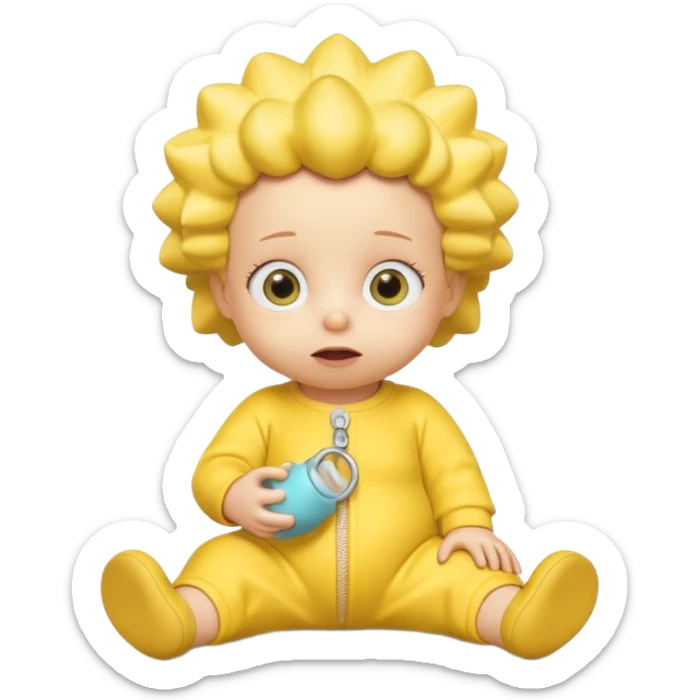A 3D cartoon baby character entirely yellow, styled like Maggie Simpson, with pacifier, yellow onesie, big eyes, smooth shading, Memoji-style rendering, consistent with other yellow Simpsons characters. sticker