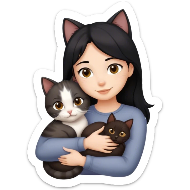 happy girl with black hair hugging three cats  (dark brown cat, full gray cat, brown calico cat) sticker