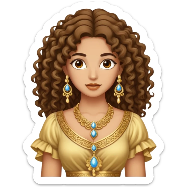 Beautiful Greek woman with very long puffy curly hair, wearing ornate gold jewelry and cute stylish clothes sticker
