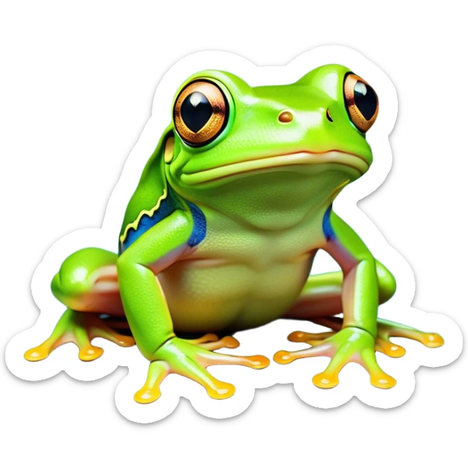 Cinematic Noble Green Tree Frog Portrait Emoji, Poised and alert, with a compact, vibrant body clad in bright, glossy green skin accented by delicate, sticky toe pads and large, bulging, observant eyes, Simplified yet sharp and sophisticated features, highly detailed, glowing with a soft, verdant luminescence, high shine, intelligent and sprightly, stylized with an air of tropical elegance, focused and attentive, soft glowing outline, capturing the essence of a watchful and confident amphibian that appears ready to leap out of the screen with effortless agility! sticker