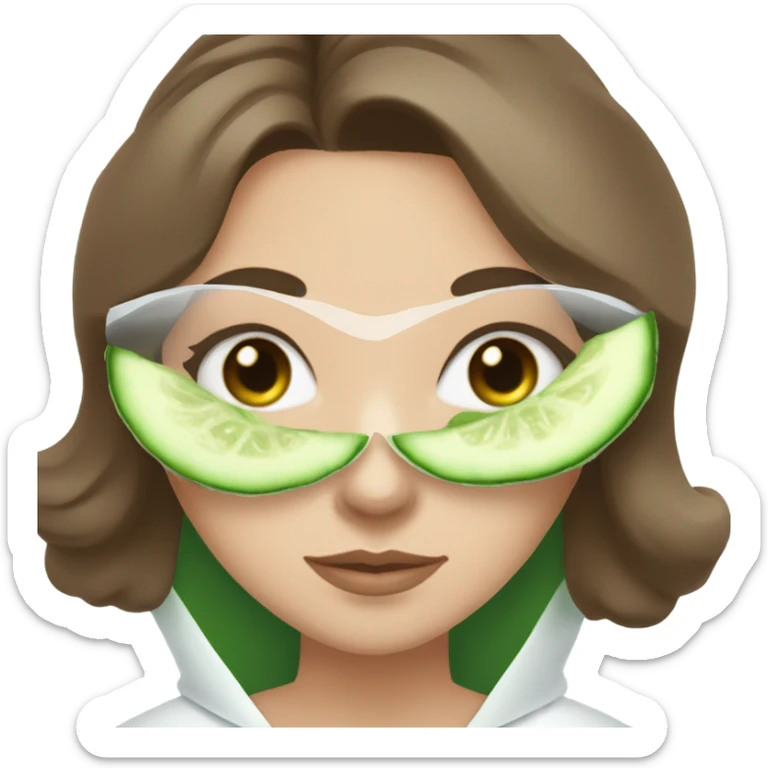 White girl with Brown hair and blue eyes wears a Green skincare textured mask and puts on cucumbers around her eyes while She relaxes in her white Robe sticker