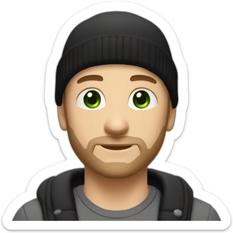 man caucasian shaved head green eyes short beard wearing a slouchy beanie and a black v-neck t-shirt sticker
