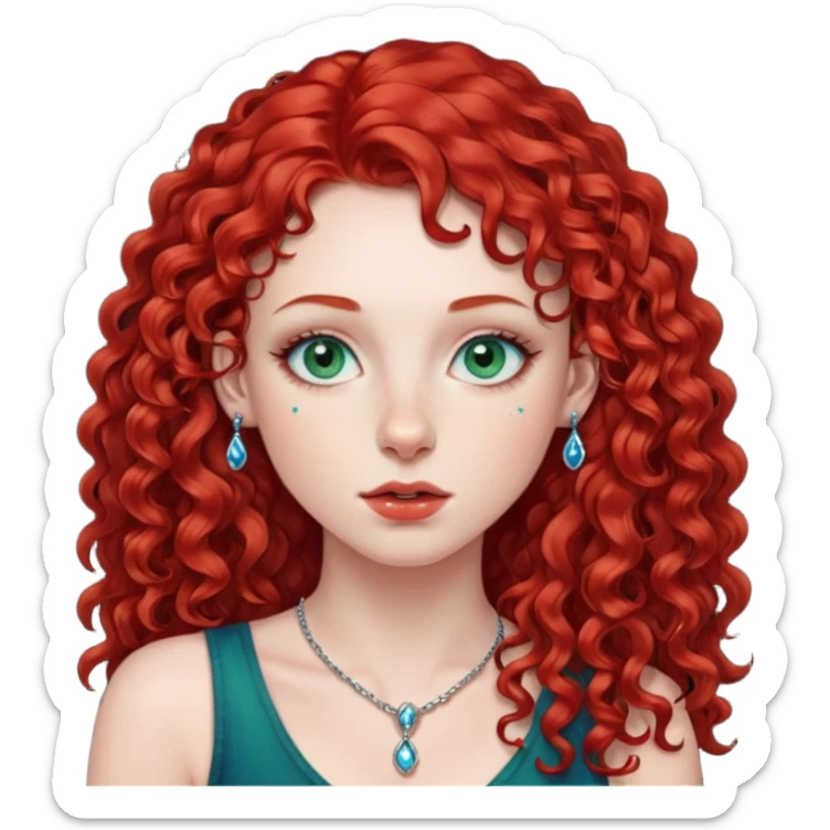 Red curly long hair with side fringe woman, pale skin, green/blue eyes, lower right lip piercing stud, nostril nose stud sticker
