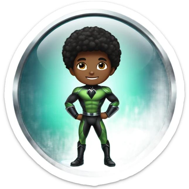 Muscular Afro teenage boy in a green-black panther superhero costume standing on a spaceship. sticker