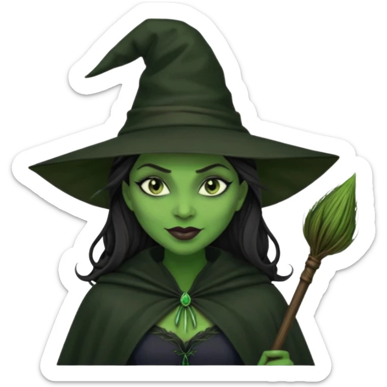 elphaba wicked witch with broom close up, evil dark coily long dark hair, green skin, thick green lips, cheekbones, smirk evil menacing cythia erivo dark aesthetic black hat cloak dark broom sticker