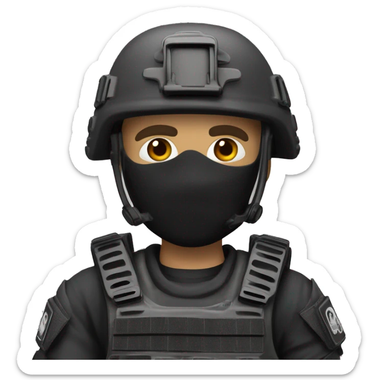 Create a 4K realistic emoji of a SWAT member in full tactical gear, holding a pistol with both hands. Focus on detailed textures and a focused expression, while maintaining an emoji style. sticker