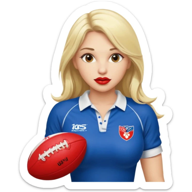 Sexy blond female. Long hair. Red lips. Big boobs. Wearing only rugby jersey. Sexy pose sticker