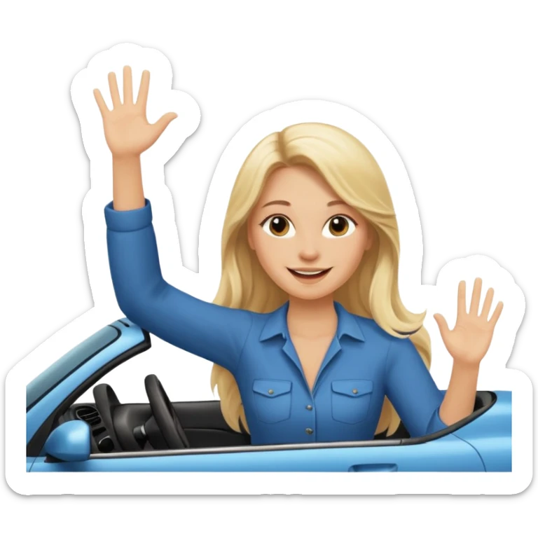 blonde long hair woman driving car. one hand up Happy face confidence sticker