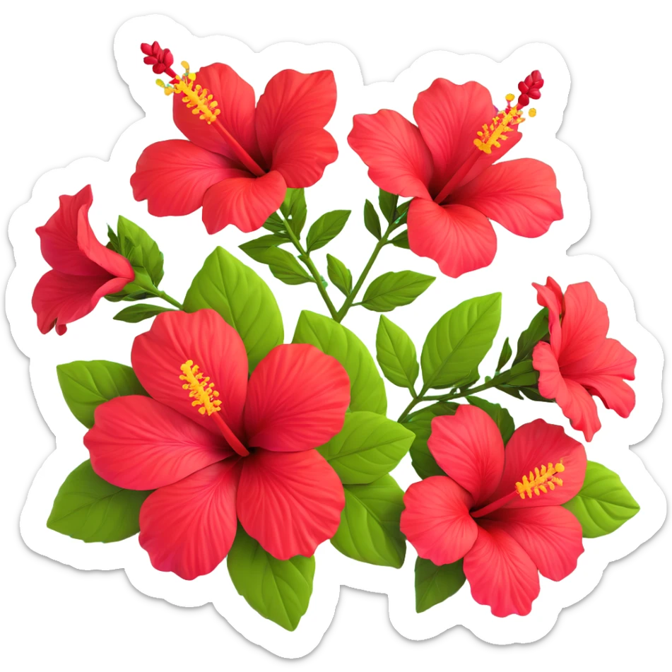 Detailed red hibiscus flower with green leaves and distinctive long stamen sticker