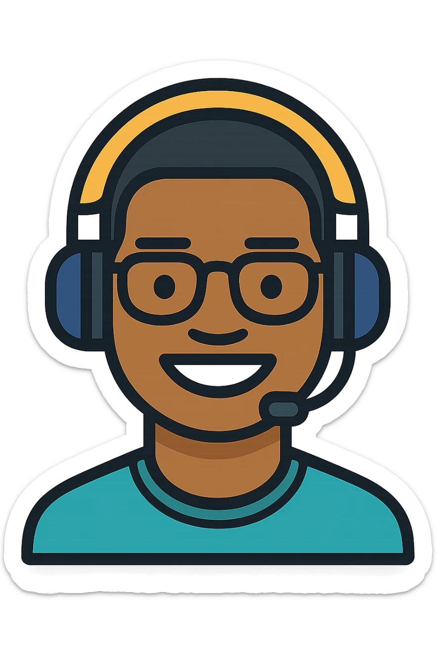 Add a headset to the young African man with eye glasses, keep the original style and transparent background. sticker