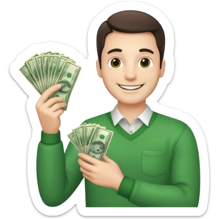 Make an emoji of a photorealistic adult man holding money in his hands. He has a smile on his face. He looks like an adult. the skin should be white. 4 options sticker