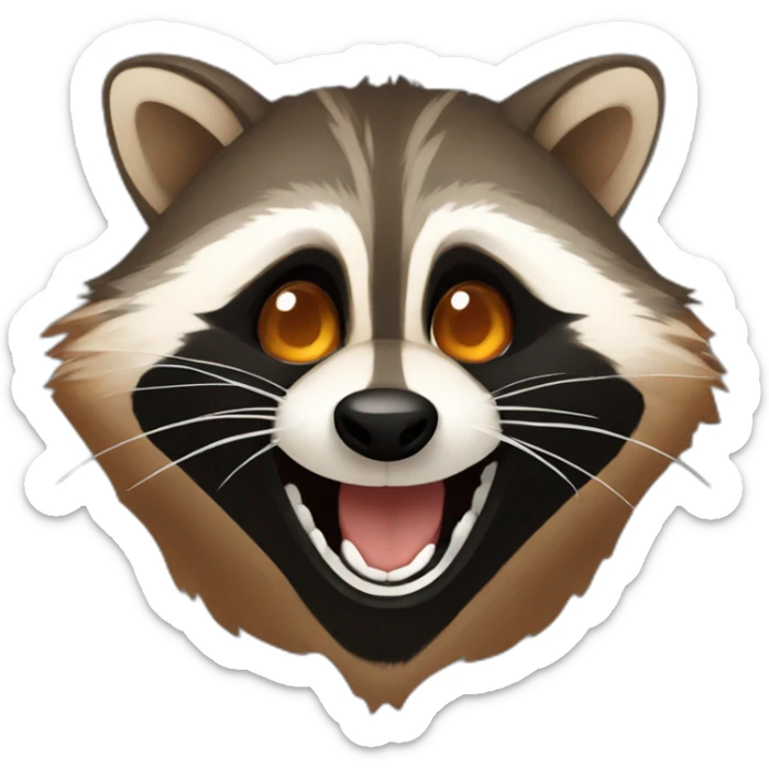 brown raccoon with orange eyes and a dark green hood that is laughing sticker