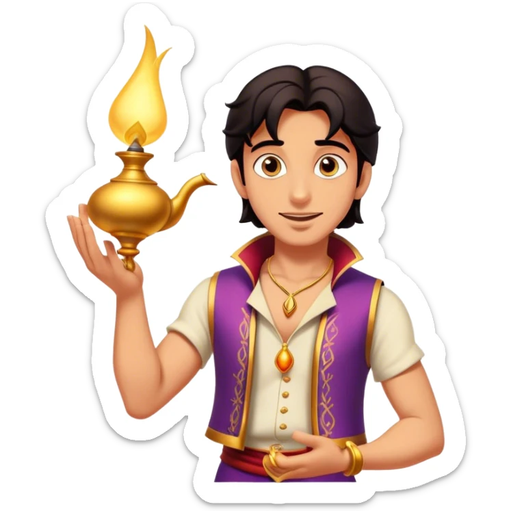 Cinematic Realistic Aladdin Portrait, depicted with lifelike, warm skin textures and a confident yet approachable gaze. His dark, wind-tousled hair frames expressive eyes full of adventure and kindness. Dressed in his iconic vest and loose trousers with intricate detailing, he holds a subtle glimmer of a magic lamp, all rendered under soft natural lighting with a radiant glow that captures his resourceful spirit. sticker