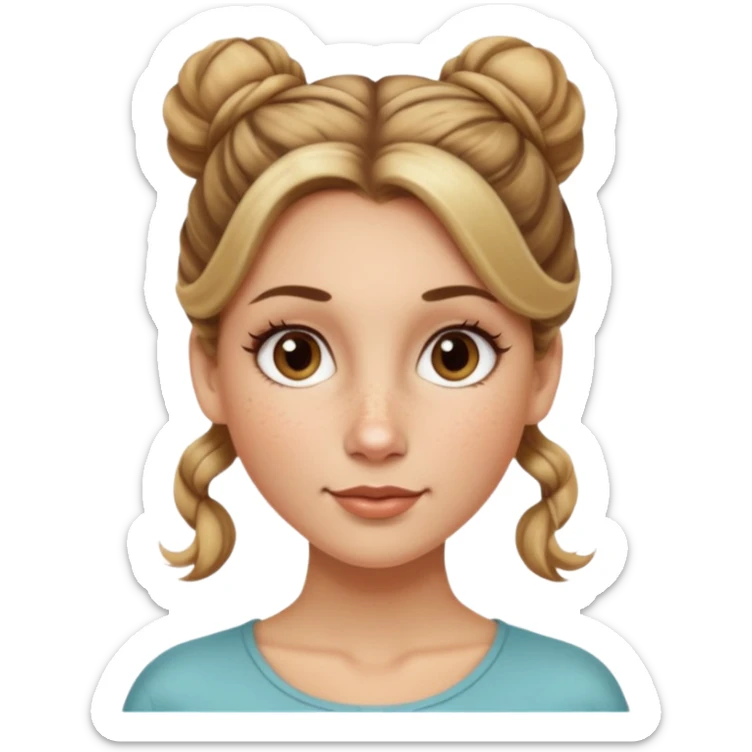 creative women with long dark Blond with highlights semi curly hair white women with hair in a top bun(one bun not two), oval shape face hazel eyes long lashes freckles on the nose high cheek bones sticker