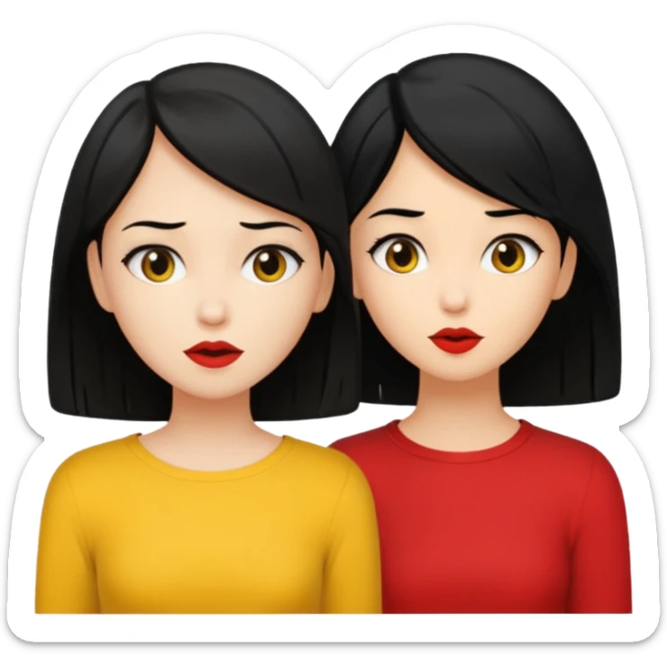 2 girls gossiping secretly. both are fair and have black hair. One has short hair and is tan, one has long hair and is fair. One is wearing yellow, one is wearing red sticker
