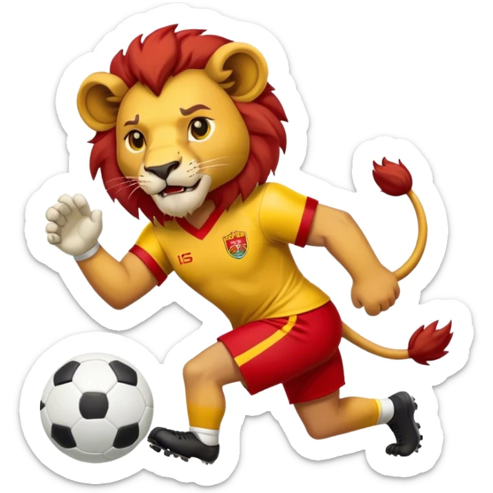 A Lion with a Trikot which is half yellow and half red who is playing football sticker