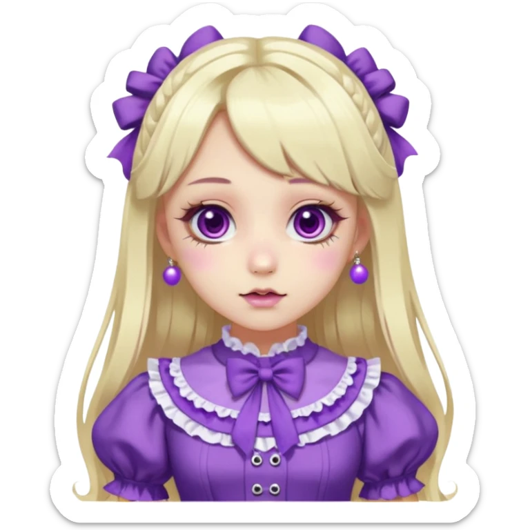 Ai pale girl , who has straight long length blonde and purple swirled hair , hazel eyes , and doll like makeup , with a septum piercing, nostril piercing, in a purple lolita hime gyaru dress emoji sticker