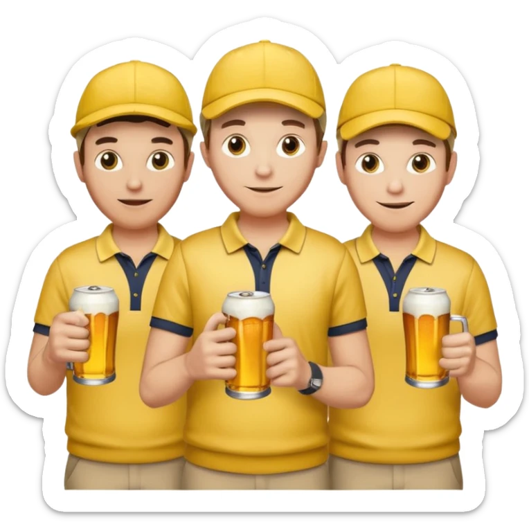 16 men on a golf trip wearing yellow golf caps all holding a beer can with a Xmas style label. Has to be 16 of them. sticker
