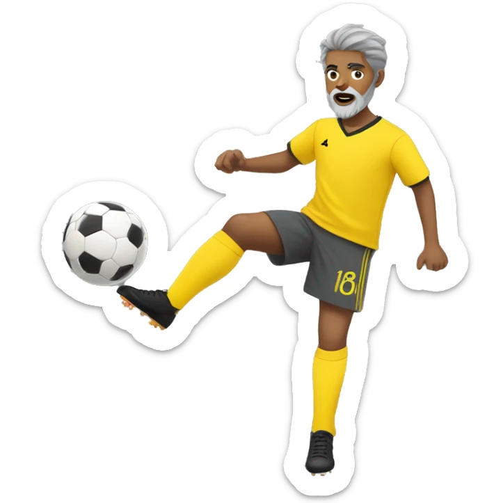 yellow skinned boy in gray soccer uniform and black shorts with gray beard  and hair kicking a soccer ball sticker