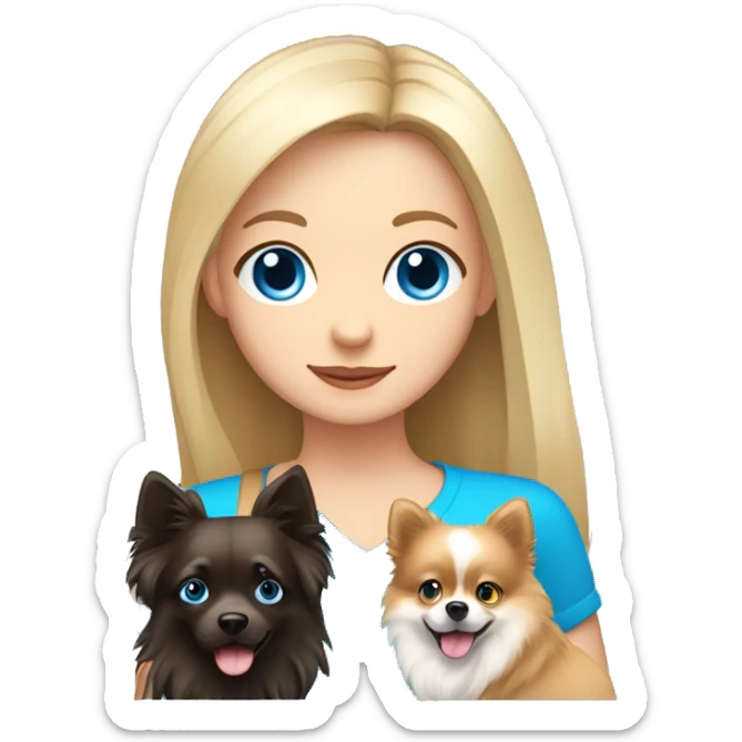 Girl with long blond hair an blue eyes and a boy with dark hair and blue eyes holding a pomeranian  sticker
