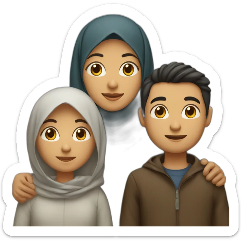 Family of four people: a mother who is the only person wearing a hijab, a father who has dark hair, a young little girl with dark hair, and a young little boy with dark hair, light brown skin sticker