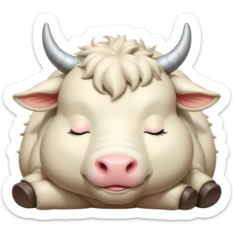 Meme-Worthy Cute Sleeping Domestic Ox Portrait Emoji, Head resting peacefully with a contented smile, showcasing a massive, sturdy build and a luxuriously soft hide, eyes gently closed in serene, restful slumber, Simplified yet hilariously adorable features, highly detailed, glowing with a soft, drowsy natural light, high shine, relaxed and utterly lovable, stylized with an air of playful laziness, soft glowing outline, capturing the essence of a sleeping ox that feels destined to become the next viral sensation of adorable rest! sticker