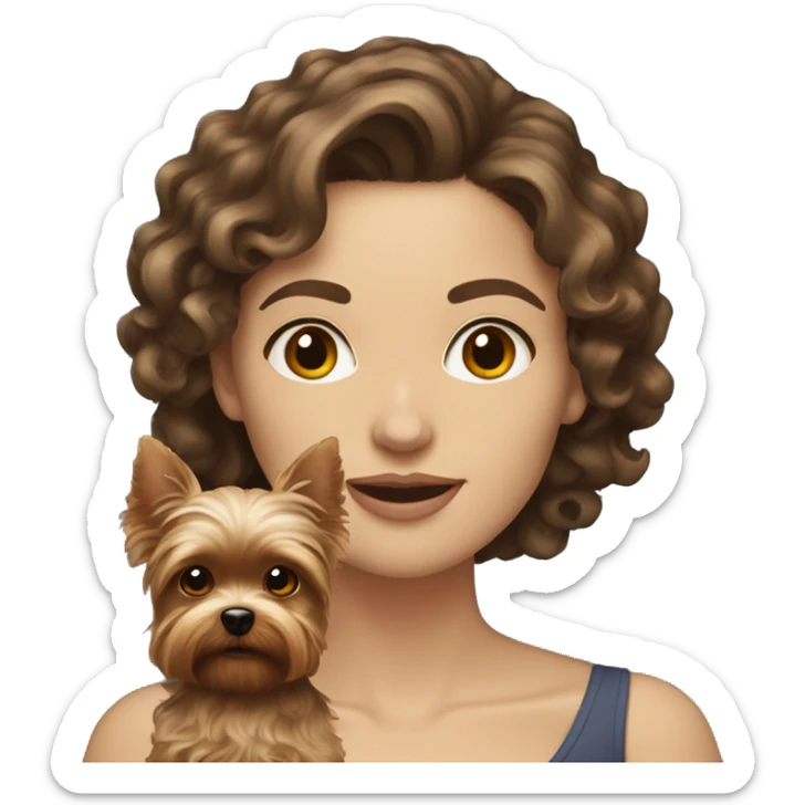 white women with curly medium length brunette hair, holding a cute yorkie dog sticker