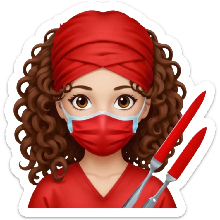Lilith symbol seductress long curly hair evil surgeon.  brown hair. Red surgical mask and hair covering. She works for cartel and kills  with a scalpel. sticker