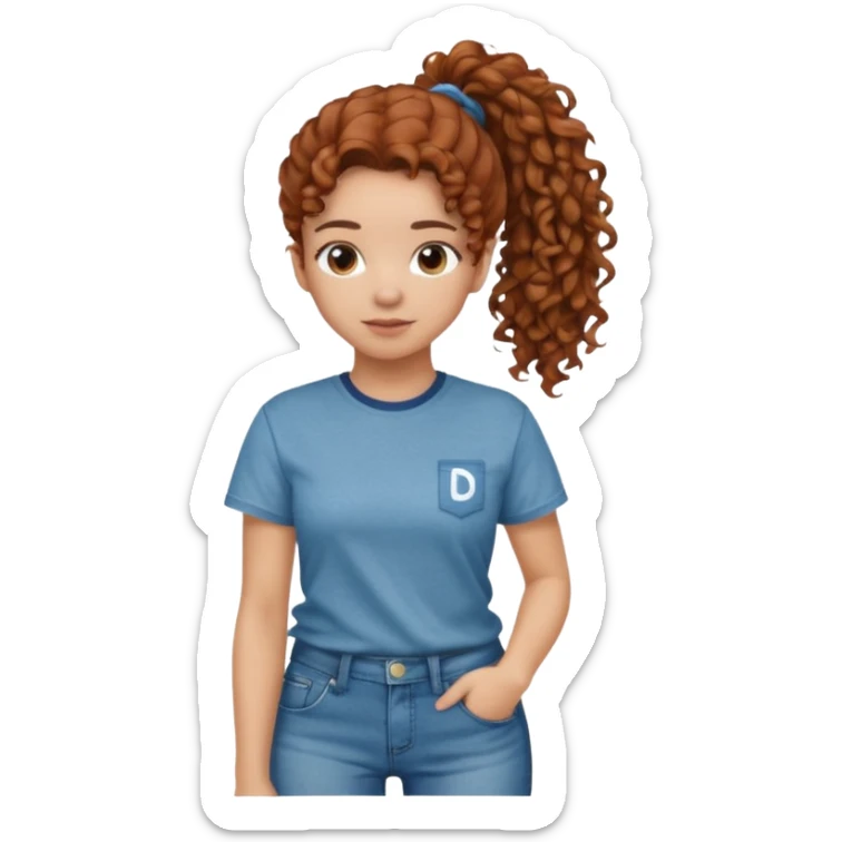 Girl with chestnut colored curly hair in a ponytail, and then a drake shirt and loose jeans sticker
