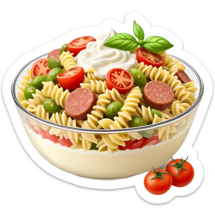 Fusilli pasta salad with chopped meat sausage, chopped gherkins, chopped cocktail tomatoes and mayonnaise, yoghurt sticker