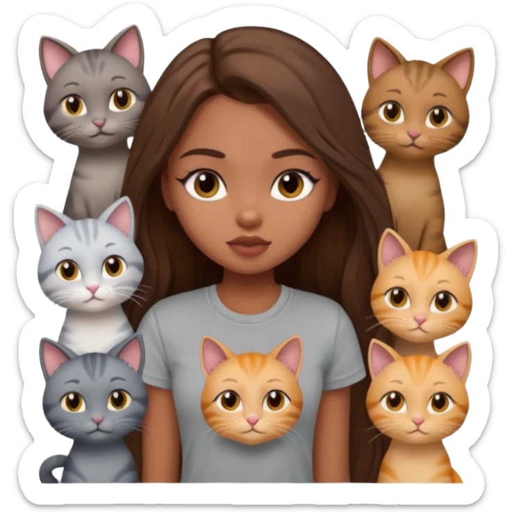 a pretty bratz dusky girl with long brown hair with six cats nd wearing a grey tshirt sticker