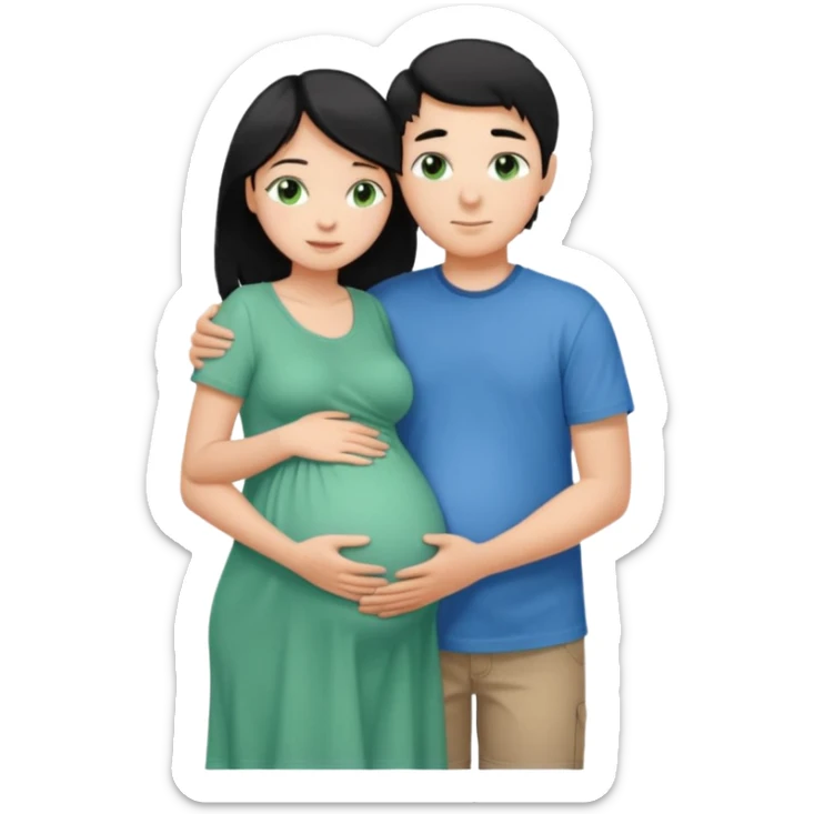Make a couple hugging the girl is white with long black hair with blue eyes. The girl is hugging a boy with light brown short hair with green eyes. The boz is pregnant  sticker