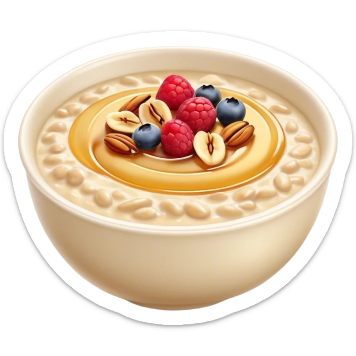 Cinematic creamy oatmeal, smooth texture with a swirl of honey on top, garnished with fresh berries and nuts, warm and comforting, cozy golden tones, rich and delicious. sticker