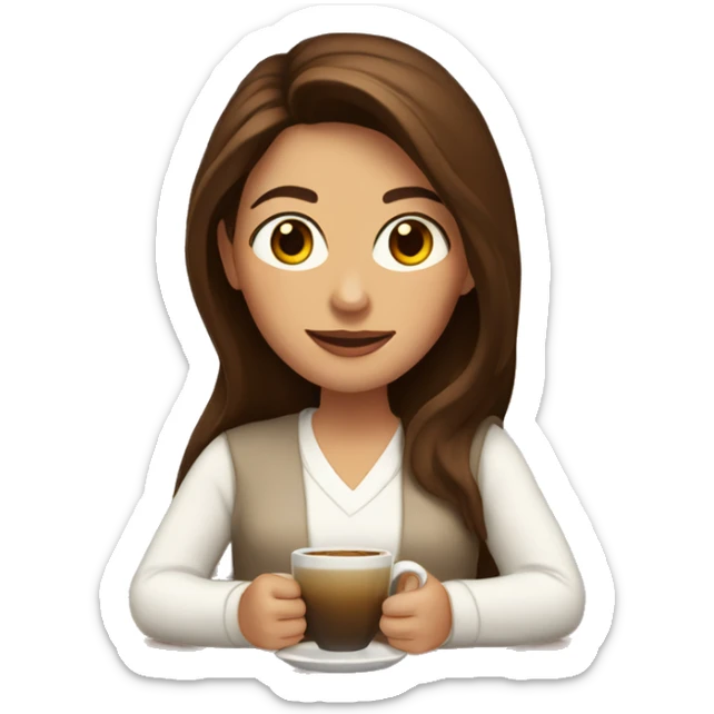 Woman with long brown hair, brown eyes, in white cardigan, with a cup of coffee in her hand sticker