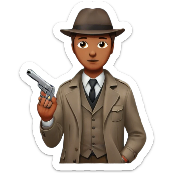 Icon for Detective Movie: Close-up of a detective holding a pistol on a dark London street, under a full moon. Bloodstains on the asphalt from a recent crime. The scene should evoke a gritty noir detective vibe with atmospheric shadows and moody lighting. Transparent background. sticker