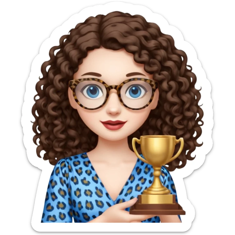 A girl with white pale skin, blue eyes, full lips, brunette LONG curly hair. She has a leopard print round-ish shaped glasses. She is wearing a white plain silk dress. She is holding an award and happy sticker