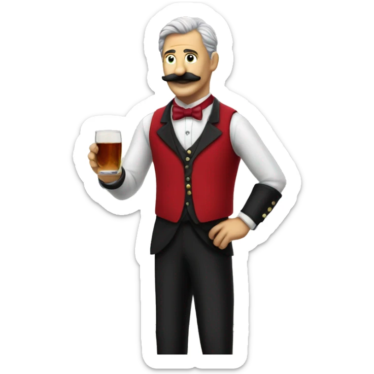 butler in a red vest with a moustache invites you to come in, full length sticker