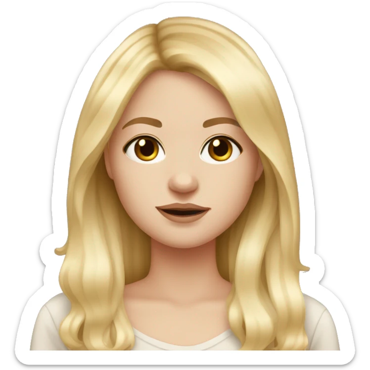 White girl with long blonde hair with curtain bangs, dark brown eyes and rosy cheeks sticker